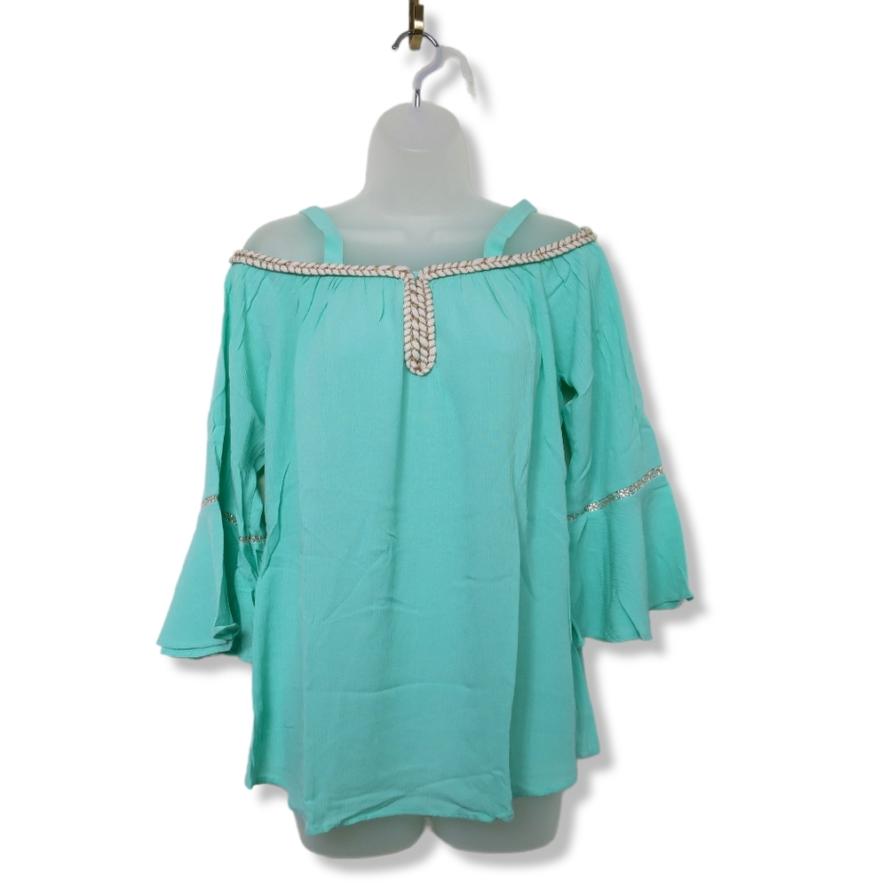 Melissa Paige Off The Shoulder Shirt Gauze Rope Gold Trim Mint Green Small